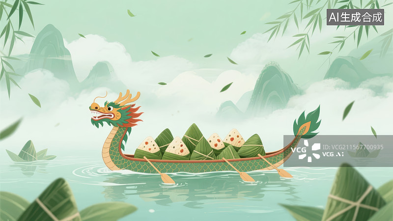 【AI数字艺术】中国传统文化端午节赛龙舟吃粽子主题背景图片素材