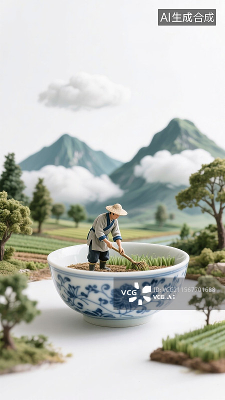 【AI数字艺术】碗中田园的微观世界图片素材