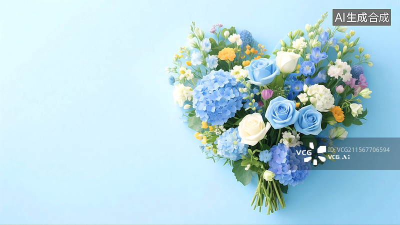 【AI数字艺术】3D三维C4D花簇花束爱心心形爱情祝福问候庆祝节日周年纪念妇女节母亲节情人节蓝色色壁纸背景居右图片素材