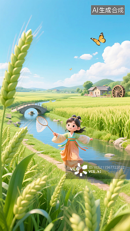 【AI数字艺术】3D小满田园捕蝶汉服女孩图片素材