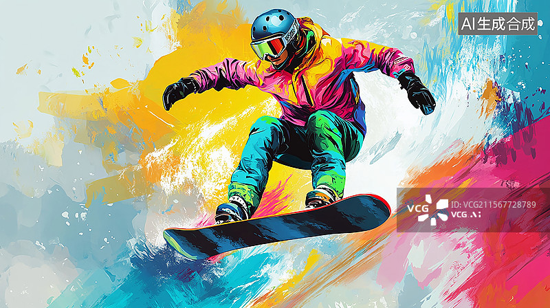 【AI数字艺术】滑雪运动竞技比赛，炫彩插画图片素材