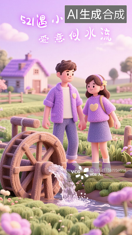 【AI数字艺术】小满节气遇上521网络情人节海报木制水轮抢水车引河水入田灌溉中国传统农耕文明文化习俗3D微缩景观毛毡图片素材