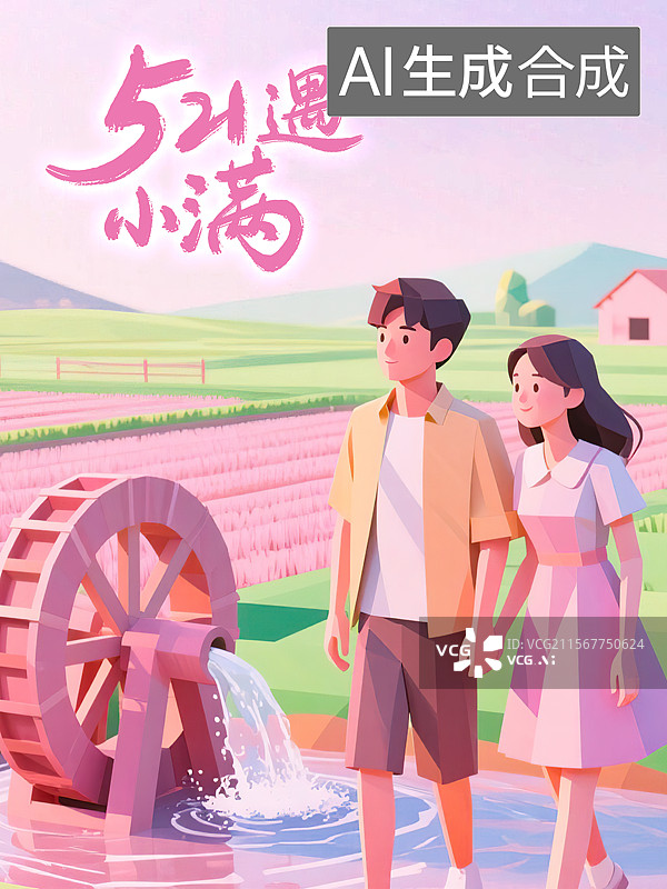 【AI数字艺术】小满节气遇上521网络情人节模板木制水轮抢水车引河水入田灌溉中国传统农耕文明文化习俗三维立体剪纸风格图片素材