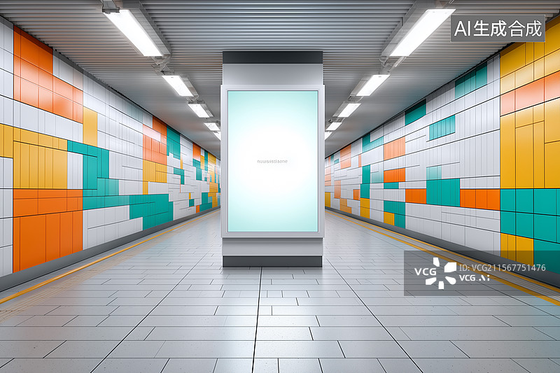 【AI数字艺术】地铁站里的空白广告牌背景图片素材