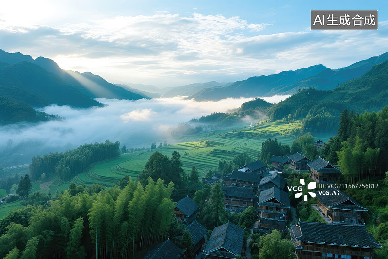 【AI数字艺术】山谷中的宁静村庄图片素材
