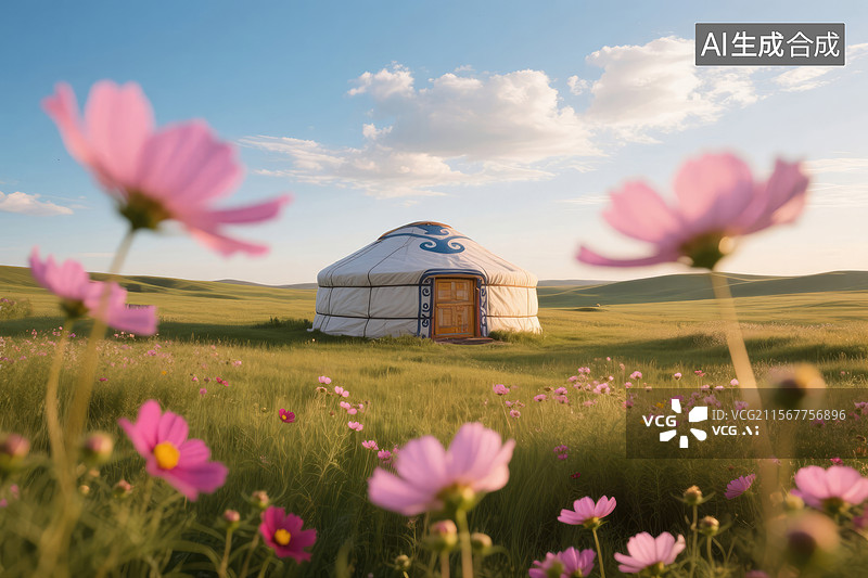 【AI数字艺术】蒙古包与盛开的秋英图片素材