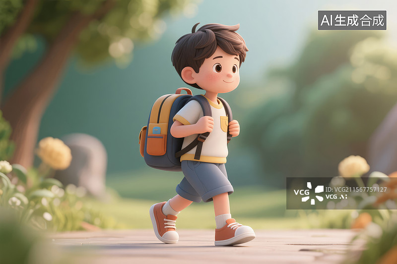 【AI数字艺术】可爱卡通男孩上学去图片素材