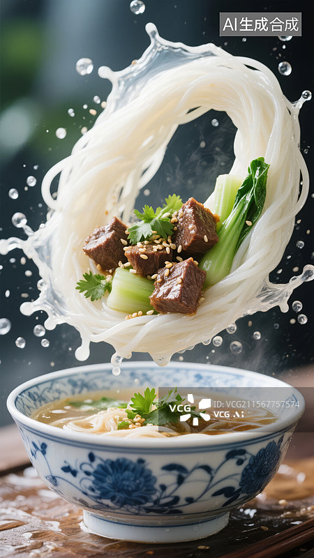 【AI数字艺术】牛肉面飞溅瞬间图片素材