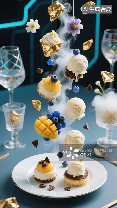 【AI数字艺术】悬浮甜点与干冰效果的美食展示图片素材