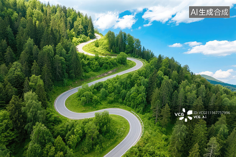 【AI数字艺术】蜿蜒山路穿梭森林图片素材