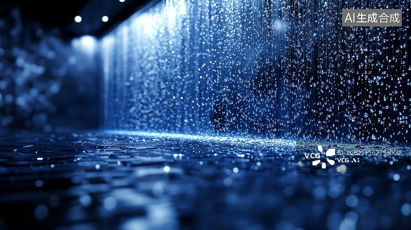 【AI数字艺术】蓝色灯光下的雨滴瀑布图片素材