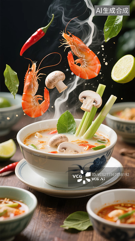 【AI数字艺术】泰式香辣汤配虾和蔬菜图片素材