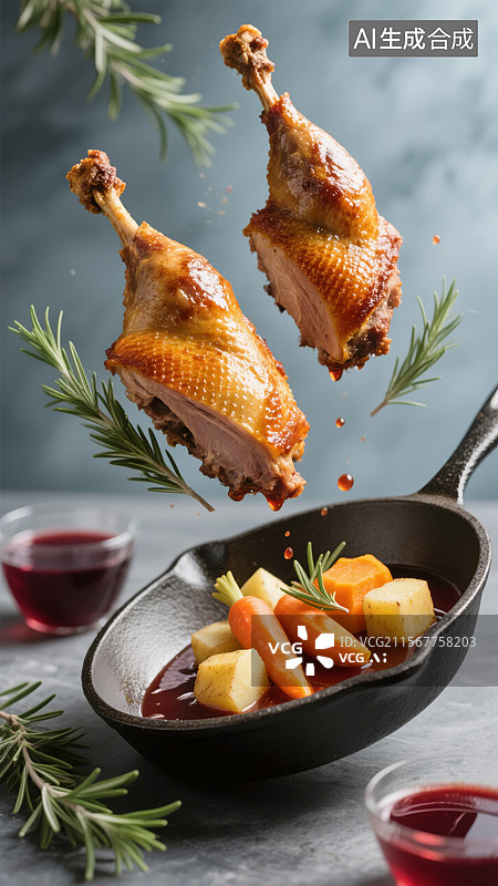 【AI数字艺术】烤鸡腿配蔬菜和红酒图片素材