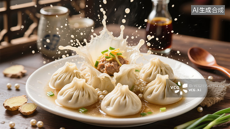 【AI数字艺术】蒸饺与酱汁飞溅的美食场景图片素材