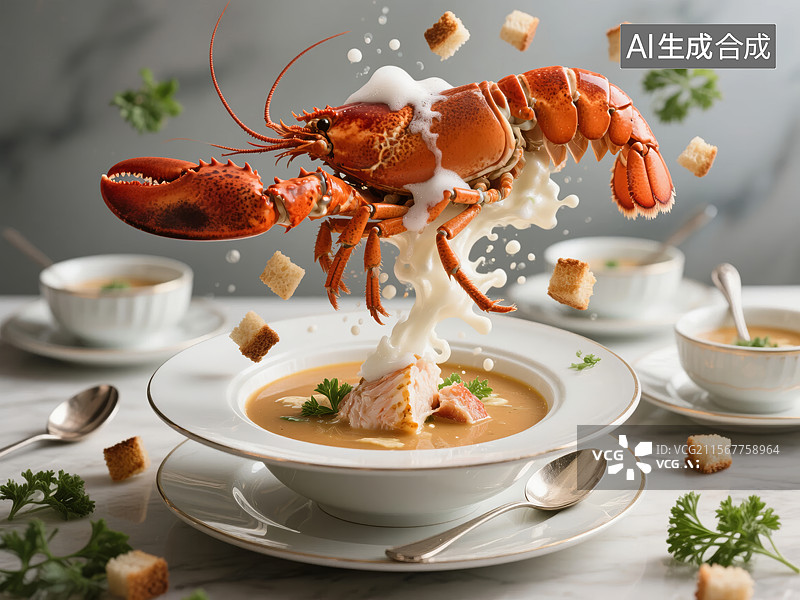 【AI数字艺术】龙虾汤配面包丁图片素材