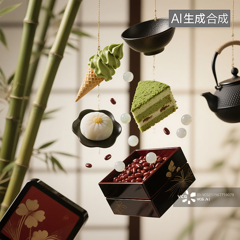 【AI数字艺术】日式甜点与茶具的悬浮组合图片素材