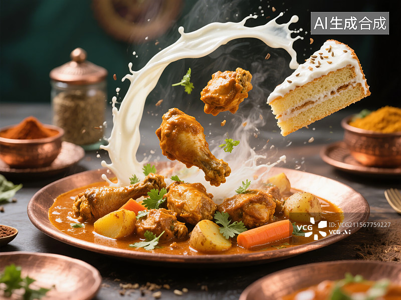 【AI数字艺术】咖喱鸡配奶油和香料图片素材