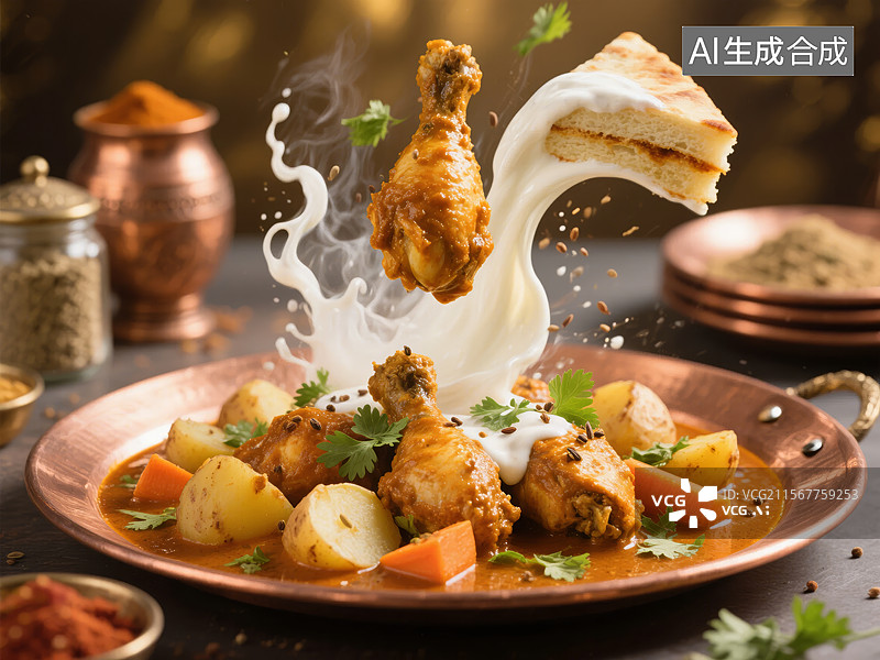 【AI数字艺术】印度风味咖喱鸡配酸奶和烤饼图片素材