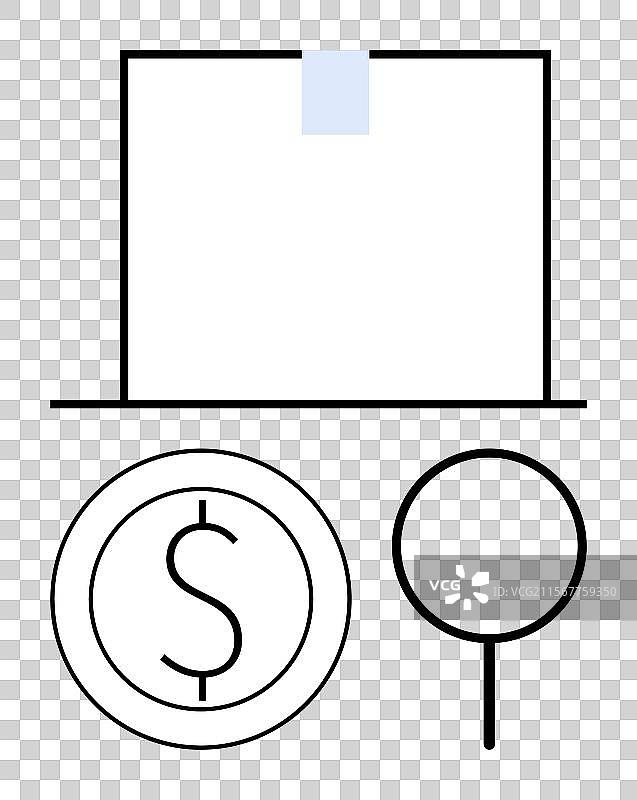 带有胶带的文件、美元硬币和放大镜图片素材