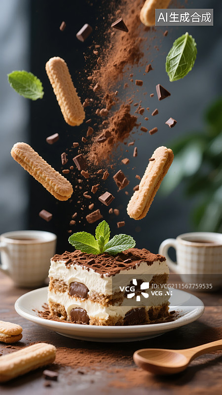 【AI数字艺术】提拉米苏蛋糕配巧克力碎片和手指饼干图片素材