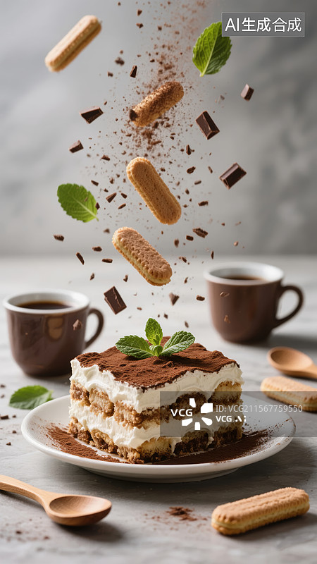 【AI数字艺术】提拉米苏蛋糕配咖啡和手指饼干图片素材