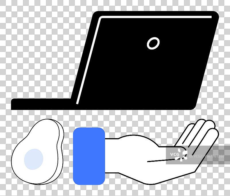 手握抽象形状，旁边放着笔记本电脑图片素材