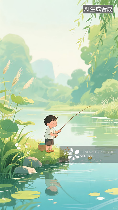 【AI数字艺术】夏天小男孩在河边钓鱼插画图片素材