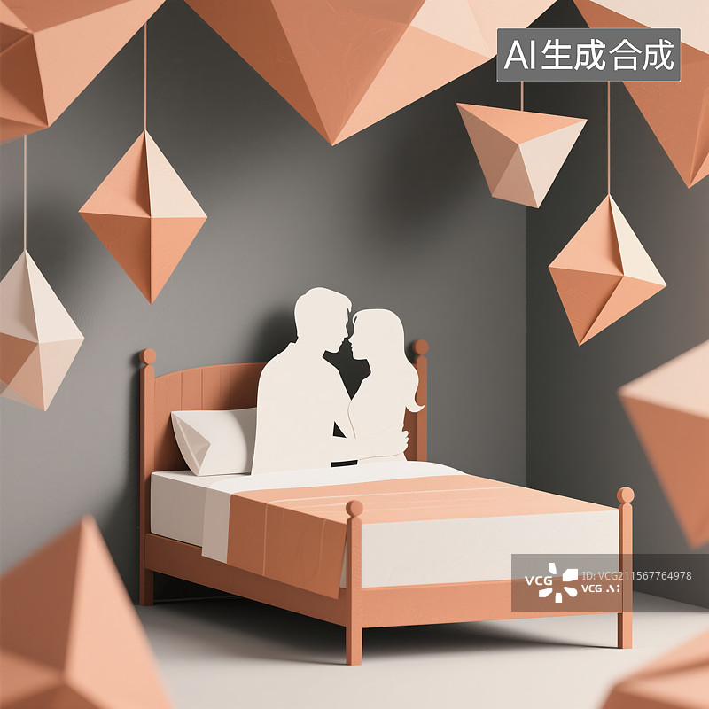 【AI数字艺术】几何装饰卧室中的浪漫情侣剪影图片素材