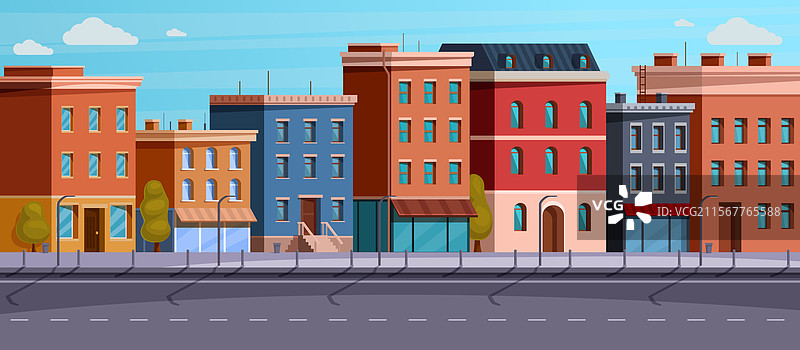 卡通街道，建筑物、灯笼和树木图片素材