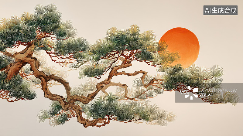 【AI数字艺术】松树枝头的夕阳图片素材