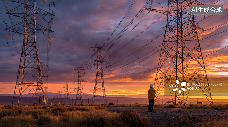 【AI数字艺术】夕阳下的输电线路与工人图片素材