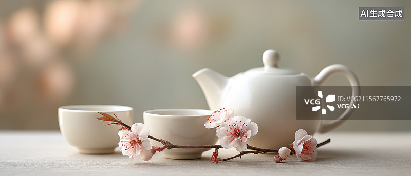 【AI数字艺术】茶具与樱花图片素材