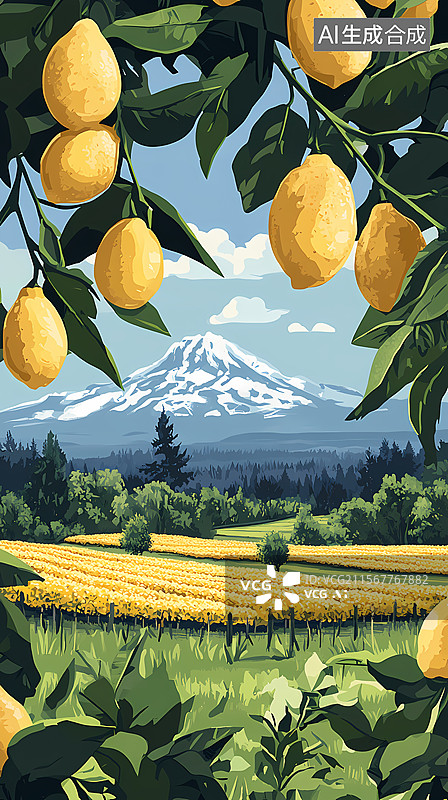 【AI数字艺术】柠檬园与山景图片素材