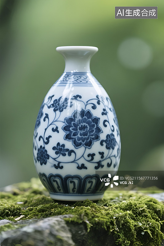 【AI数字艺术】青苔石上的蓝白青花瓷花瓶图片素材