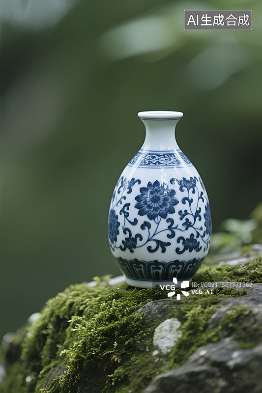 【AI数字艺术】青苔石上的蓝白青花瓷花瓶图片素材