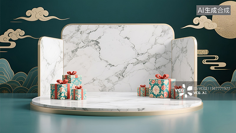 【AI数字艺术】国潮风大理石展台图片素材