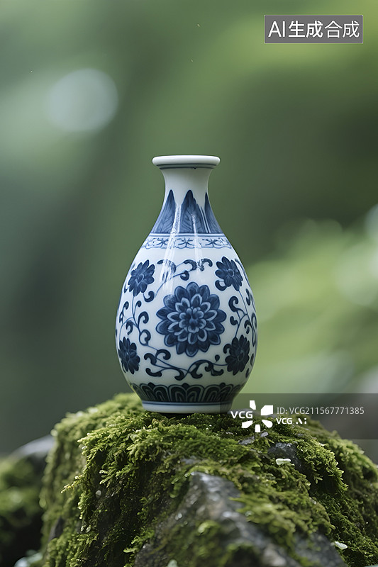 【AI数字艺术】青苔石上的蓝白青花瓷花瓶图片素材