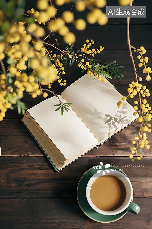 【AI数字艺术】木桌上的打开的书清新小花围绕图片素材