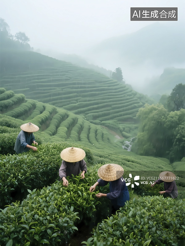 【AI数字艺术】烟雨江南茶园采茶梯田劳作场景图片素材