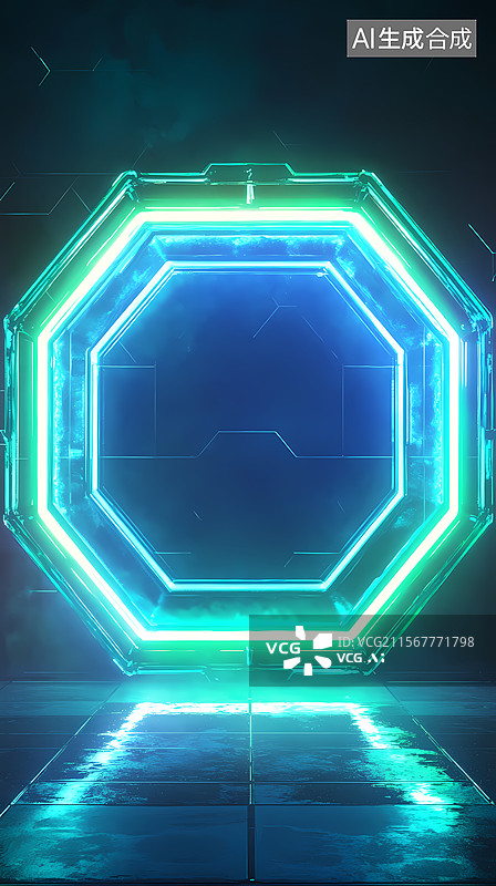 【AI数字艺术】抽象霓虹八角形框架图片素材