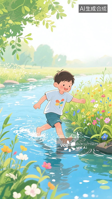 【AI数字艺术】夏季小满节气，温馨舒适氛围，小朋友在自然环境中游玩，河边嬉戏的场景图片素材