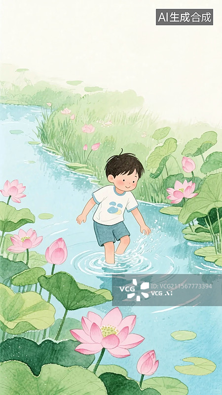 【AI数字艺术】夏季小满节气，温馨舒适氛围，小朋友在自然环境中游玩，河边嬉戏的场景图片素材