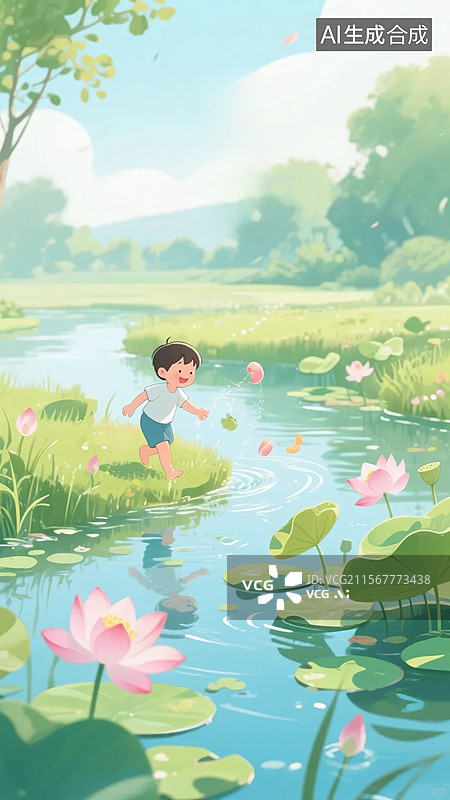 【AI数字艺术】夏季小满节气，温馨舒适氛围，小朋友在自然环境中游玩，河边嬉戏的场景图片素材