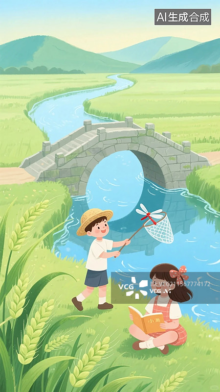 【AI数字艺术】夏季小满节气，以温馨舒适为氛围，小朋友在自然环境中游玩，河边嬉戏的场景图片素材