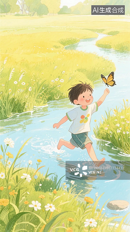 【AI数字艺术】夏季小满节气，温馨舒适氛围，小朋友在自然环境中游玩，河边嬉戏的场景图片素材