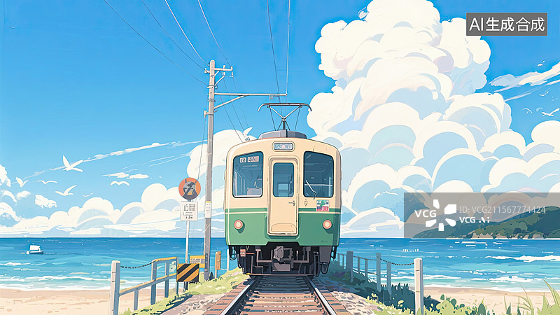 【AI数字艺术】火车，海滩，蓝天白云，日漫风格，插画图片素材