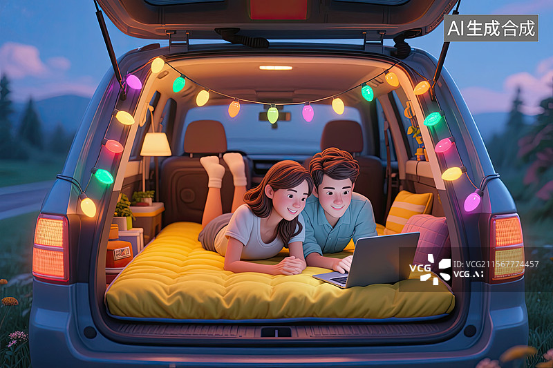 【AI数字艺术】情侣，旅行车，观影，3D，插画图片素材