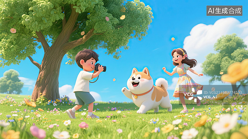 【AI数字艺术】春天，情侣，狗，出游，插画图片素材
