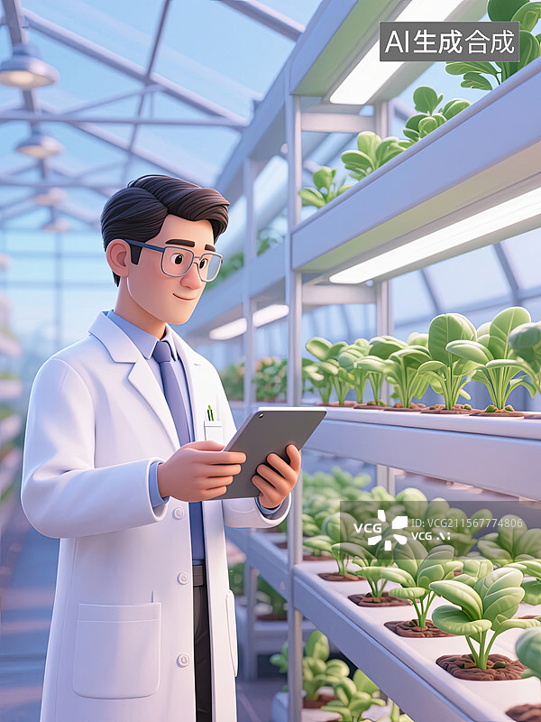 【AI数字艺术】3D，男人，实验员，温室大棚，插画图片素材