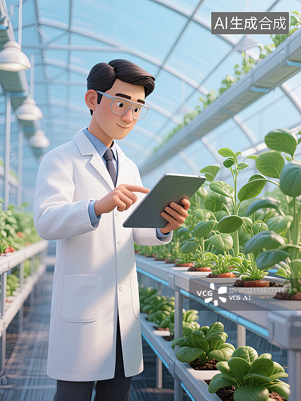 【AI数字艺术】3D，男人，实验员，温室大棚，插画图片素材